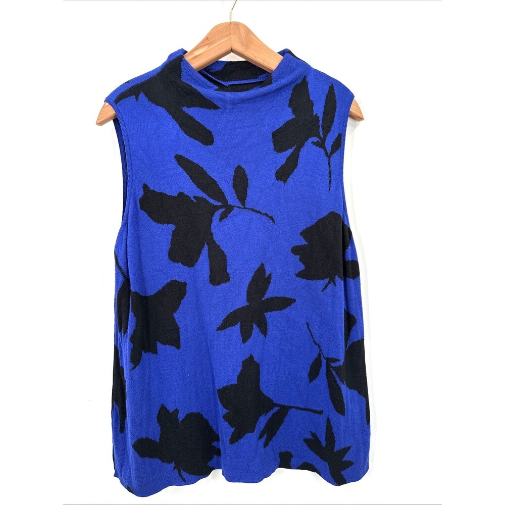 Chico's Travelers Top Size 2 12 Women's Sweater Tank Blue Black Floral Mock Neck